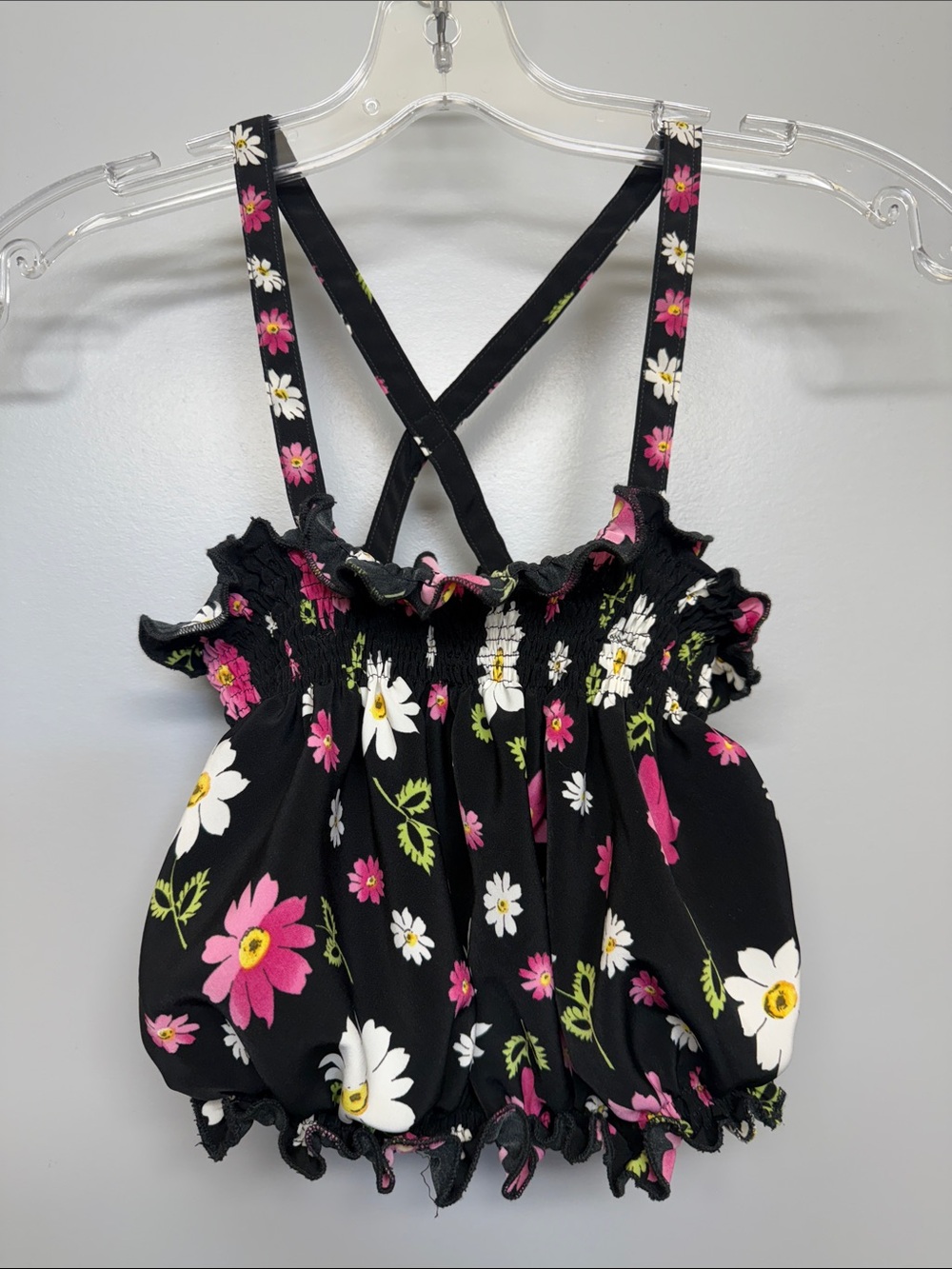 Black Floral Smocked Pink White Flowers Strappy Crop Top